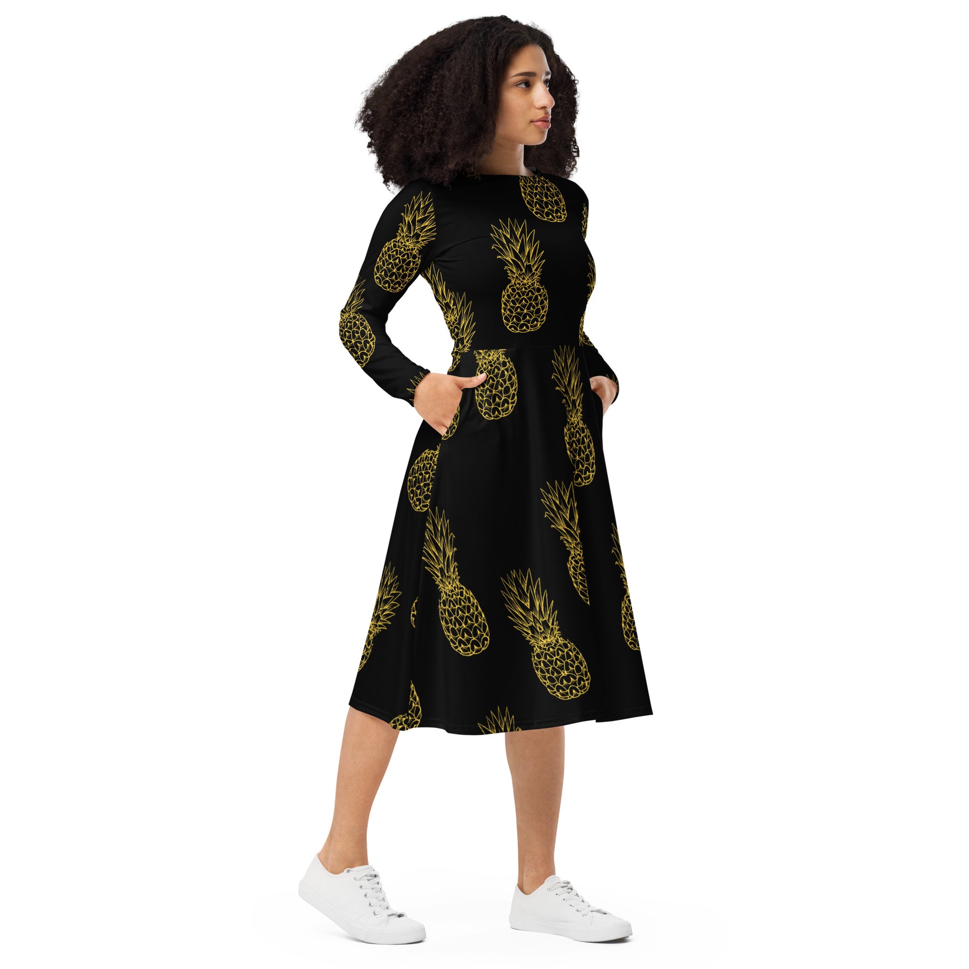 Pineapple Bliss Women's Long Sleeve Midi Dress - FLAKOUT