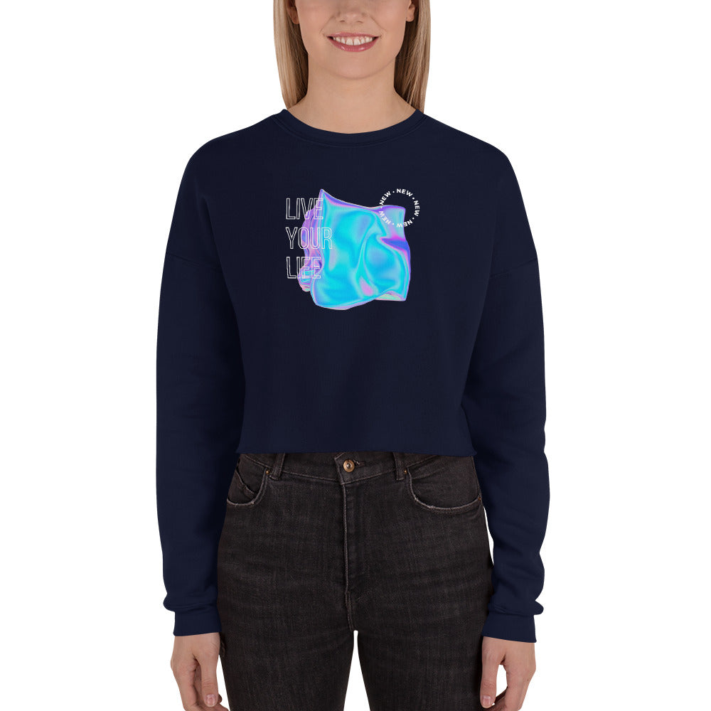 Vivid Existence Live Your Life Women's Crop Sweatshirt - Navy - FLAKOUT